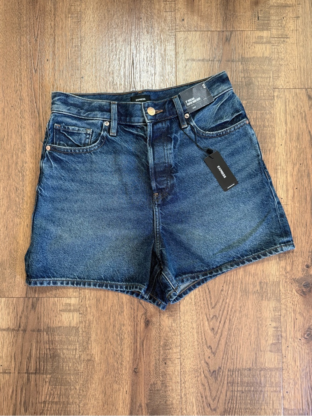 EXPRESS Super High Rise Blue Denim Shorts size   2 Button.